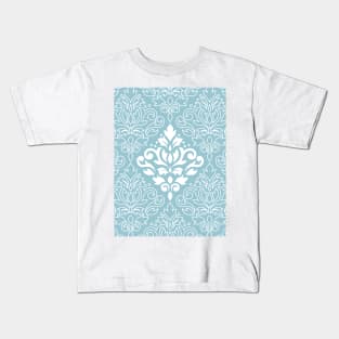 Scroll Damask Lg Pattern Mid White+Line on Blue Kids T-Shirt